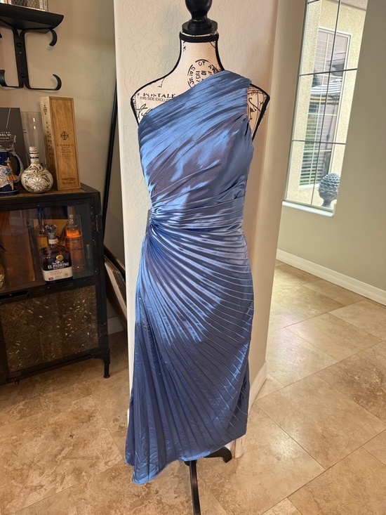 Faeriesty Dresses & Skirts - Faeriesty One-Shoulder Blue Satin Pleated Evening Dress with side cut out SZ 4